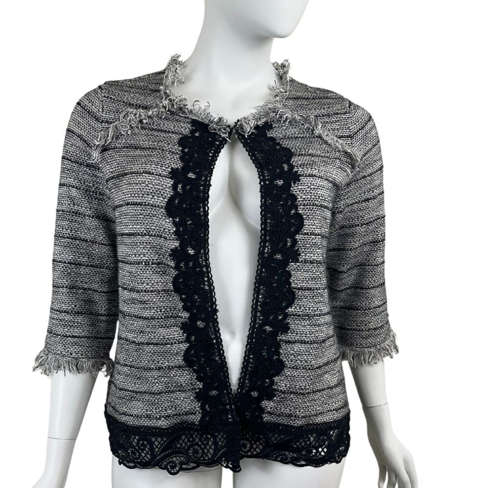 Chico's Womens Size 3 Black Gray Lace Tweed Fringe Cardigan Cotton Sweater